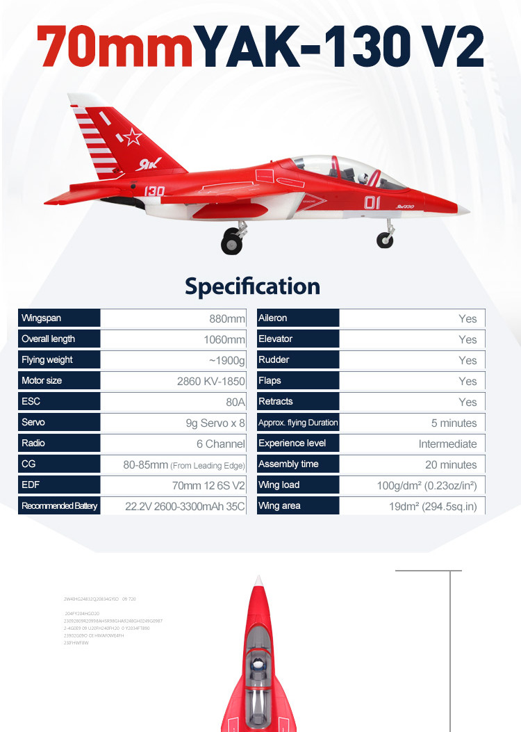 Red FMS YAK 130 V2 70MM JET PNP RC Airplane